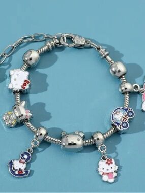 Hello Kitty Silver-tone Enamel Charm Bracelet with Pink & Blue Accents